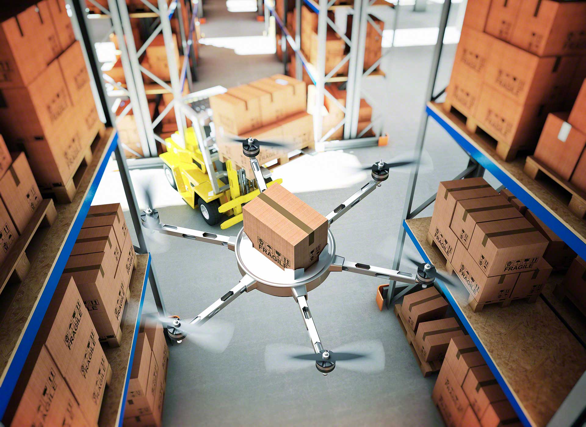 Les drones pourraient dresser l'inventaire de l'entrepôt, en vérifiant les articles stockés dans les rayonnages Les drones pourraient dresser l'inventaire de l'entrepôt, en vérifiant les articles stockés dans les rayonnages