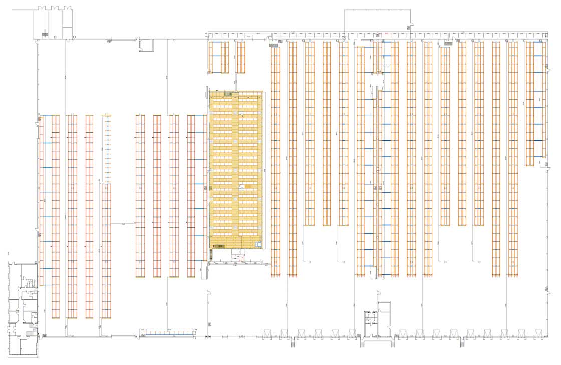 Plan d’un entrepôt sectorisé avec une zone de stockage, de picking et des rayonnages cantilever. Plan d’un entrepôt sectorisé avec une zone de stockage, de picking et des rayonnages cantilever.
