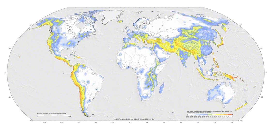 Les régions du monde les plus sujettes aux tremblements de terre. Source : Global Earthquake Model