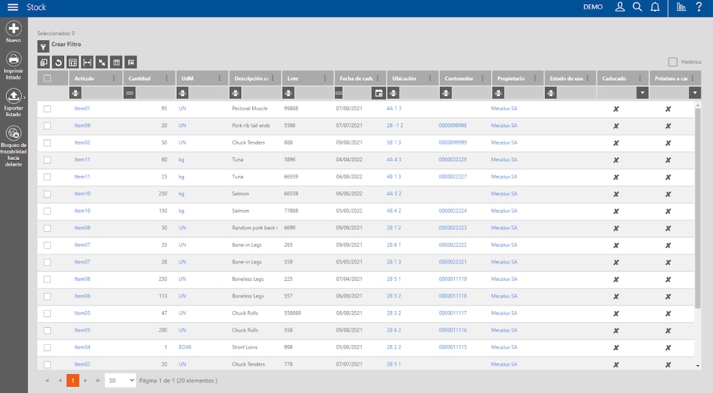 Capture d’écran d’Easy WMS affichant le stock disponible dans l’entrepôt