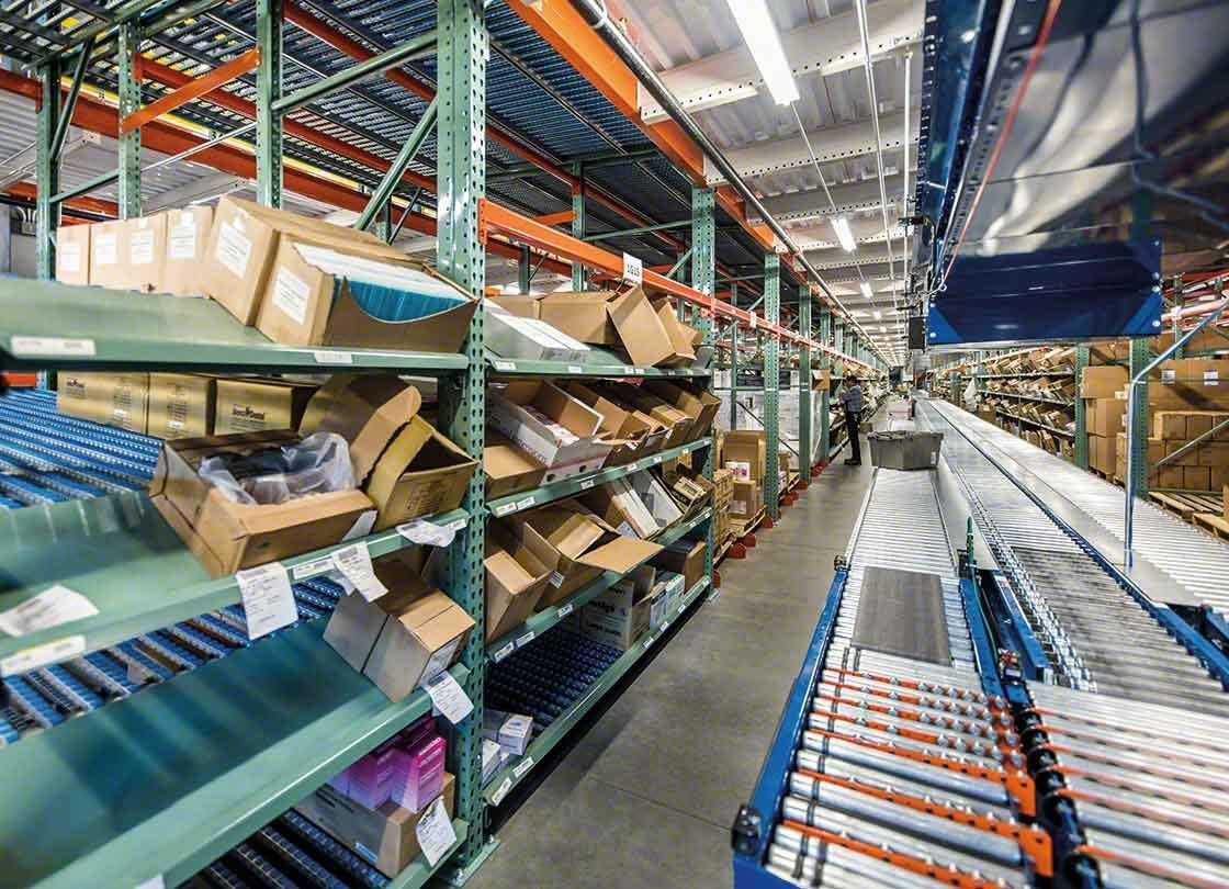 Zone de picking équipée de convoyeurs pour bacs ou cartons. Zone de picking équipée de convoyeurs pour bacs ou cartons.