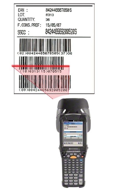 Exemple d’une étiquette portant un code-barres EAN-128 permettant dans un centre logistique d’identifier la palette, le produit qu’elle contient et ses caractéristiques.