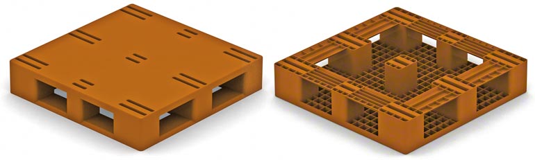Ce modèle ressemble beaucoup à une palette en bois de type 2, avec patin périmétrique ; les restrictions sont les mêmes que pour les palettes de même type en bois.