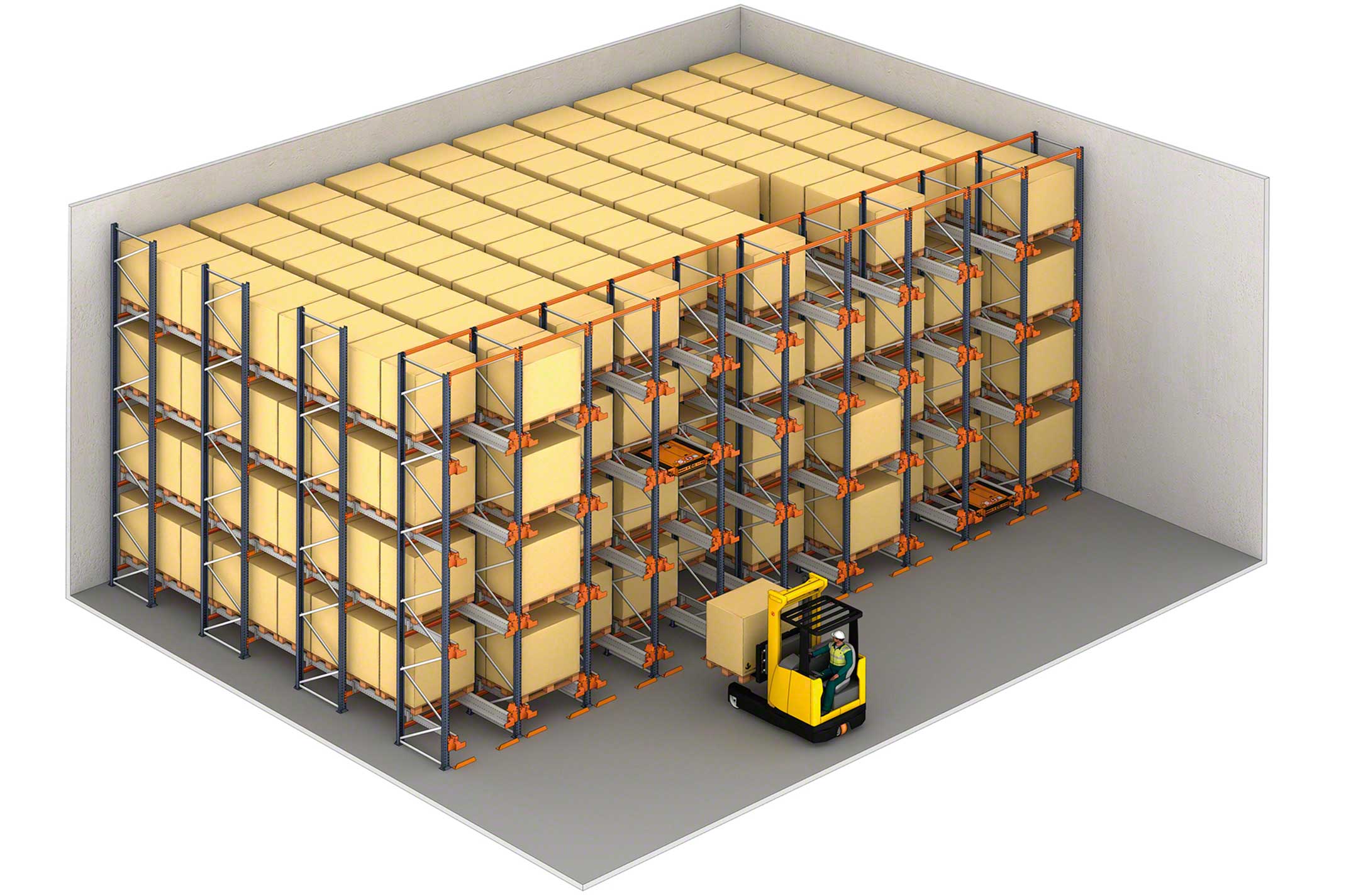 Exemple d'un entrepôt de stockage par accumulation avec Pallet Shuttle Exemple d'un entrepôt de stockage par accumulation avec Pallet Shuttle