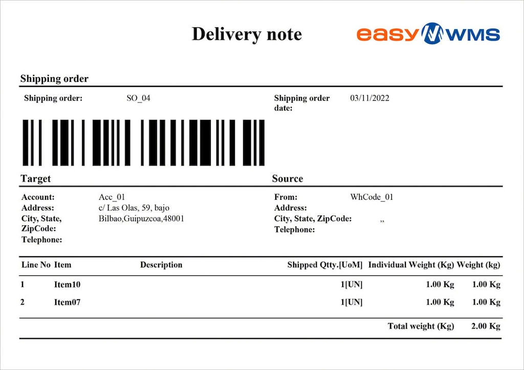 Exemple de bon de livraison numérique généré par le logiciel de gestion d’entrepôt Easy WMS de Mecalux