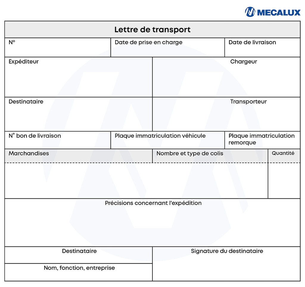 Exemple de lettre de transport utilisée en entrepôt logistique avec les champs à remplir