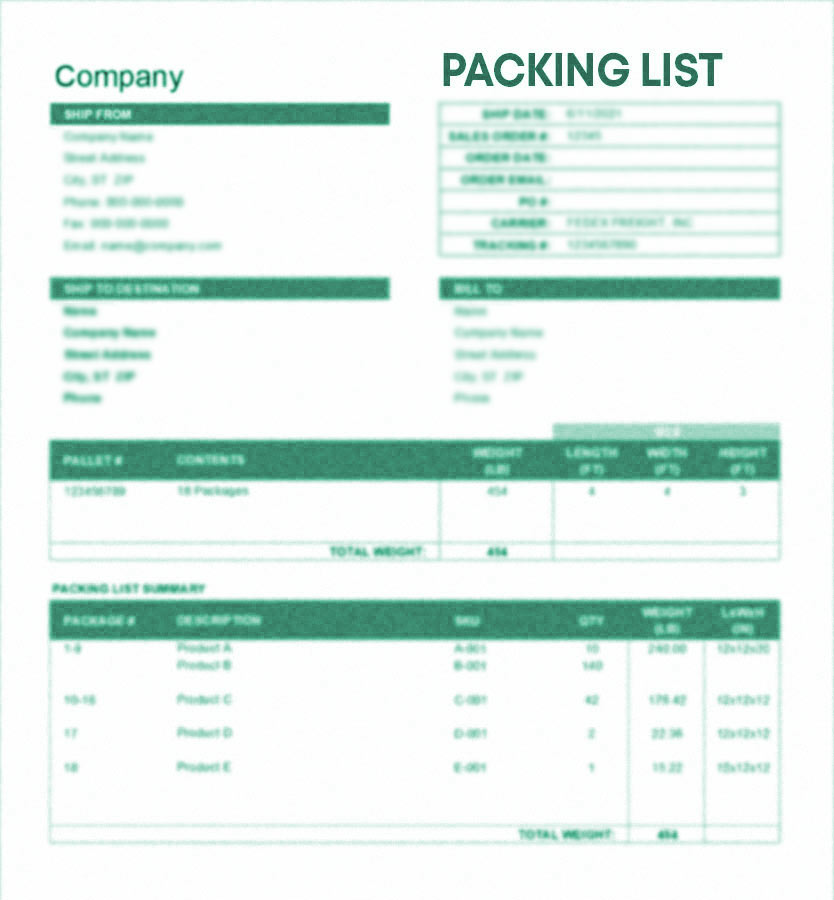 Une packing list indique le type, la quantité, le volume, la taille et l’emballage des produits
