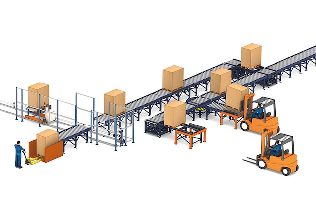 Les rouleaux de convoyage assurent le déplacement continu et automatique des palettes