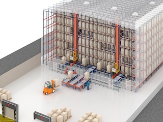 Les entrepôts autoportants peuvent être dotés de systèmes de stockage compact automatisés, tels que le Pallet Shuttle avec transstockeurs