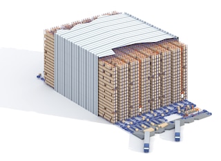 Il est possible de concevoir des entrepôts autoportants automatisés à partir de rayonnages à double profondeur desservis par des transstockeurs pour palettes