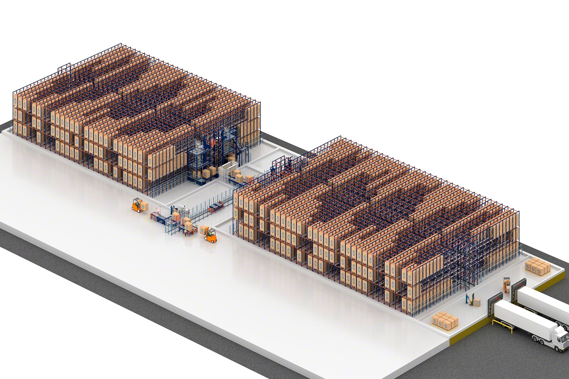Grâce à une allée avec navette de transfert, la navette automatisée peut fonctionner dans différents modules d'un même entrepôt