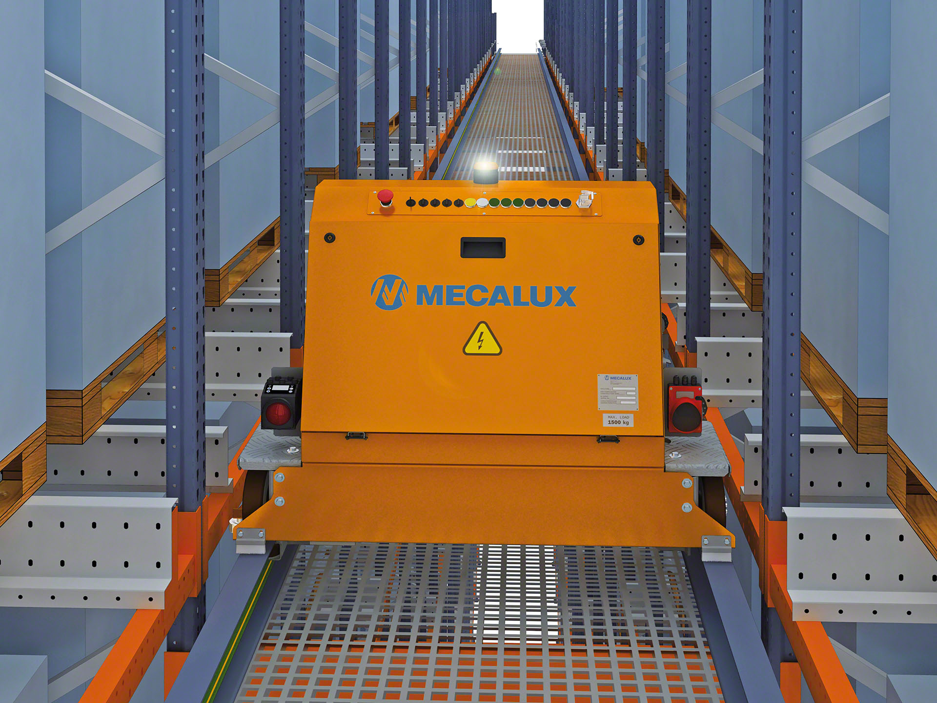 La navette de transfert est chargée d'introduire la navette automatisée dans chacune des allées de stockage