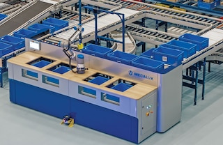 La station de picking robotisé de Mecalux peut être configurée pour la préparation simultanée de 4 commandes