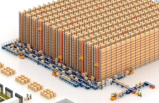 Les transtockeurs tridirectionnels sont généralement combinés à un circuit de convoyeurs pour palettes à l’avant