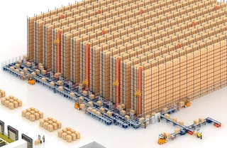 Les transtockeurs tridirectionnels sont généralement combinés à un circuit de convoyeurs pour palettes à l’avant