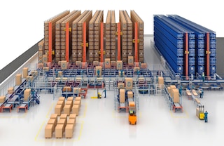 Le transtockeur tridirectionnel peut être combiné avec d’autres systèmes de stockage automatisés, tels que le miniload Le transtockeur tridirectionnel peut être combiné avec d’autres systèmes de stockage automatisés, tels que le miniload