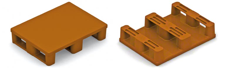 Voici une demi-palette en plastique. Ce type de palette impose les mêmes précautions que les demi-palettes en bois. La résistance des patins doit être contrôlée.